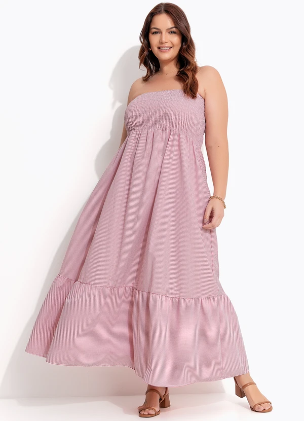 Quintess - Vestido Listrado Vermelho Claro em Tricoline 12