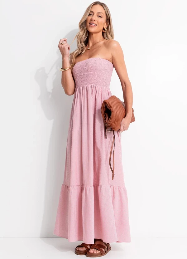 Quintess - Vestido Listrado Vermelho Claro em Tricoline 5