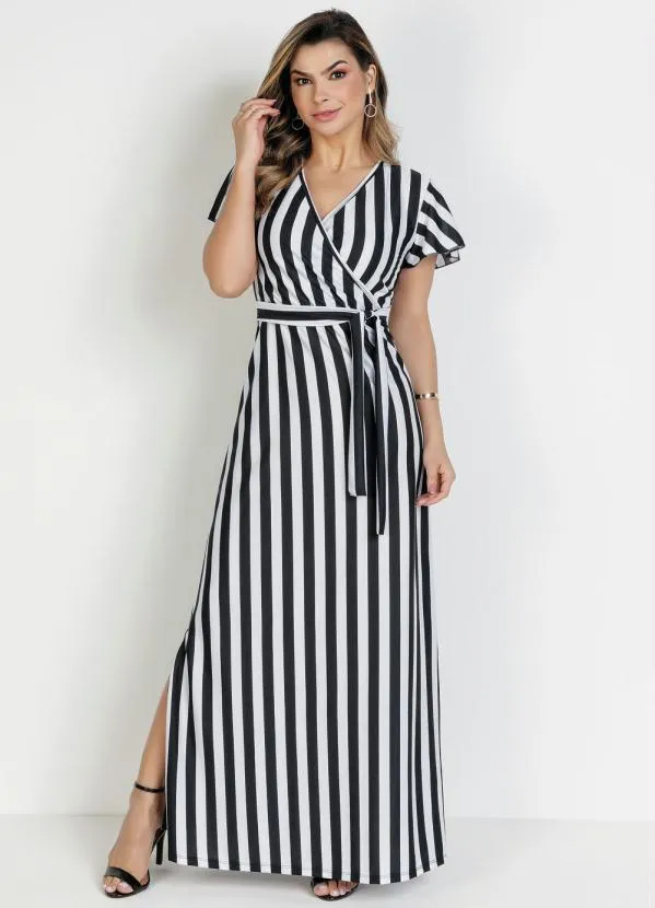 Rosalie - Vestido Listras Preta com Faixa
