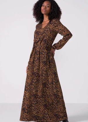 Marialícia - Vestido Longo Acinturado Animal Print Marrom - MARIALÍCIA