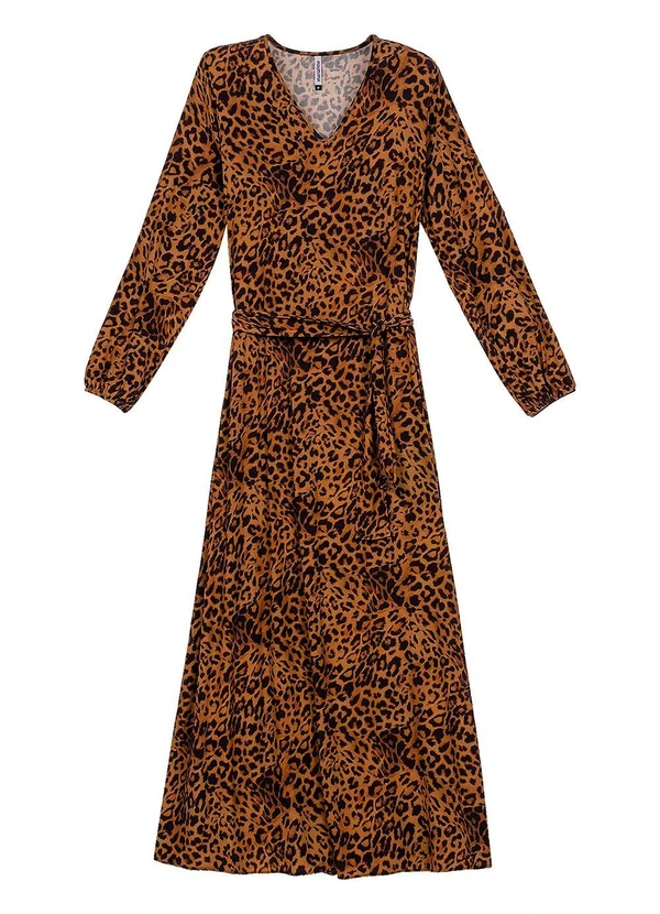 Marialícia - Vestido Longo Acinturado Animal Print Marrom 2
