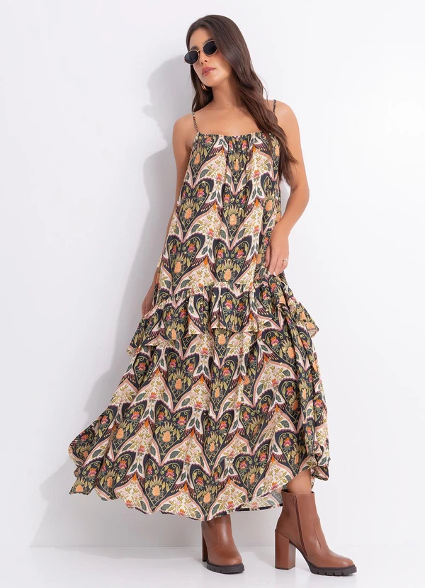 Farm - Vestido Longo Alça Andorinha Preto