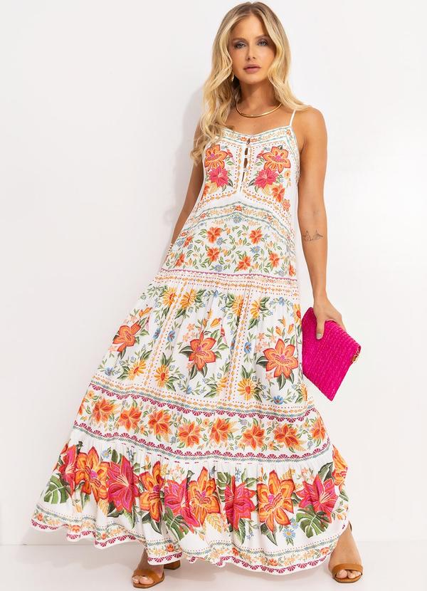 Farm - Vestido Longo Alça Delicadeza em Flor Off White