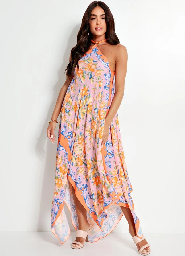 Farm - Vestido Longo Alça em Viscose Laranja