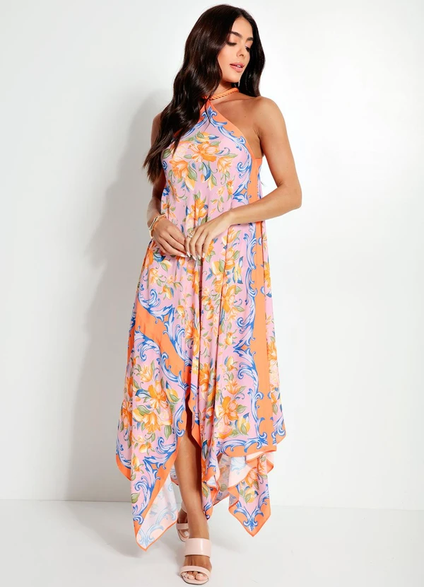 Farm - Vestido Longo Alça em Viscose Laranja 4