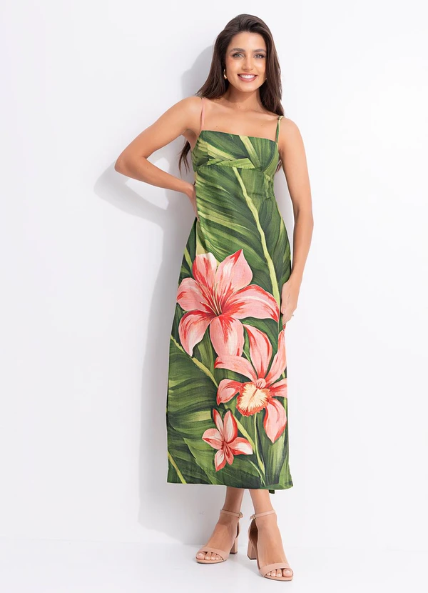 Farm - Vestido Longo Alça Flor de Bananeira Verde