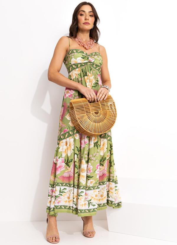 Farm - Vestido Longo Alça Floral em Viscose Verde
