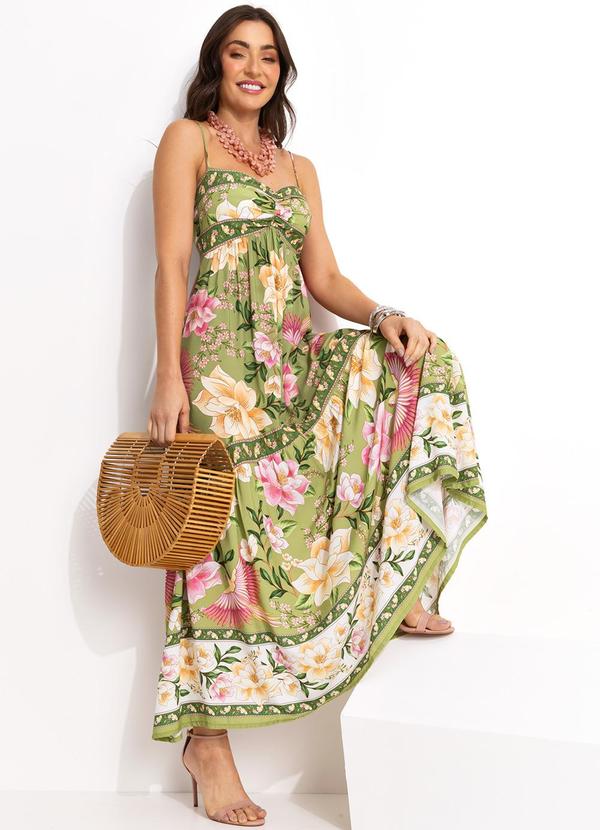 Farm - Vestido Longo Alça Floral em Viscose Verde 3
