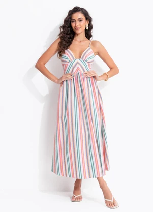 Farm - Vestido Longo Alça Listra Tropique Branco - FARM