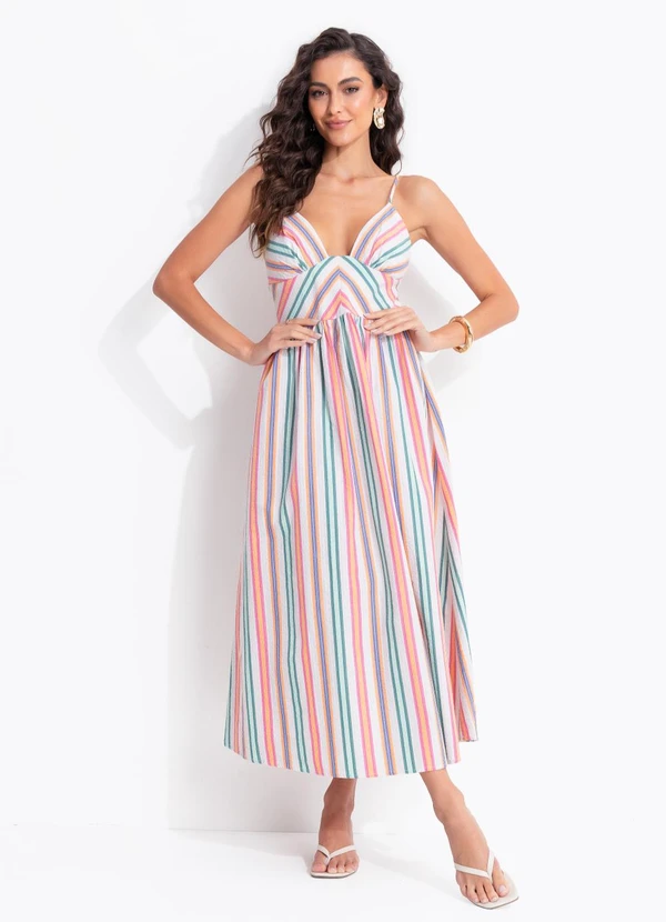 Farm - Vestido Longo Alça Listra Tropique Branco