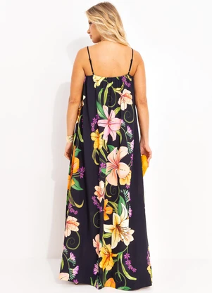 Farm - Vestido Longo Alça Vestida de Flor Preto - FARM