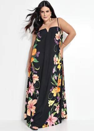 Farm - Vestido Longo Alça Vestida de Flor Preto - FARM