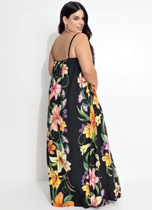 Farm - Vestido Longo Alça Vestida de Flor Preto - FARM