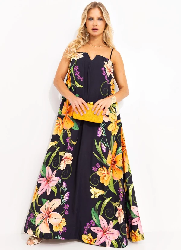 Farm - Vestido Longo Alça Vestida de Flor Preto