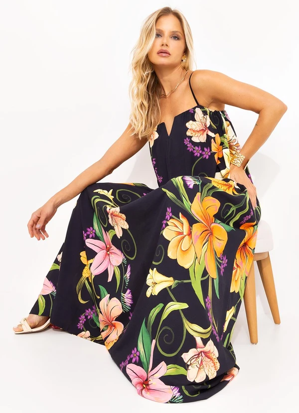 Farm - Vestido Longo Alça Vestida de Flor Preto 3