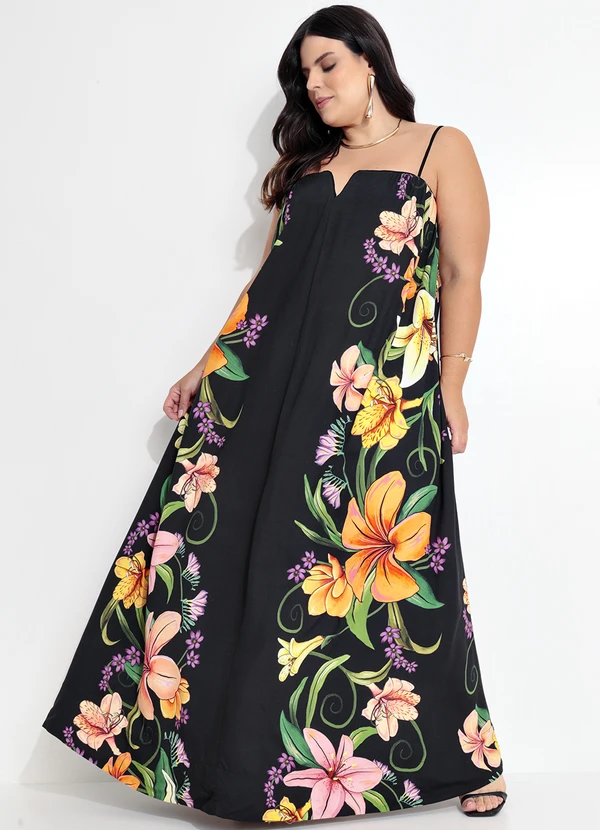 Farm - Vestido Longo Alça Vestida de Flor Preto 9