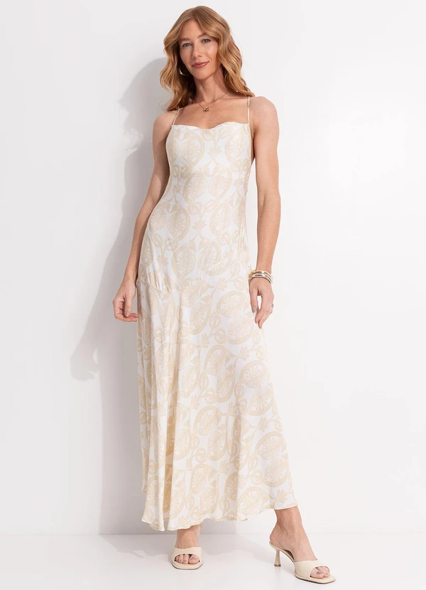 Farm - Vestido Longo Alças Cavalos Marinhos Off White