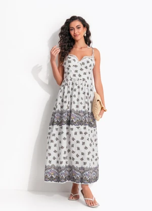 Farm - Vestido Longo Alças Rosa Rio Off White - FARM