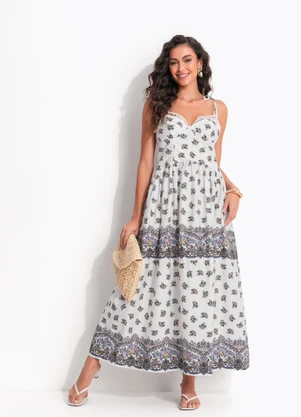 Farm - Vestido Longo Alças Rosa Rio Off White - FARM