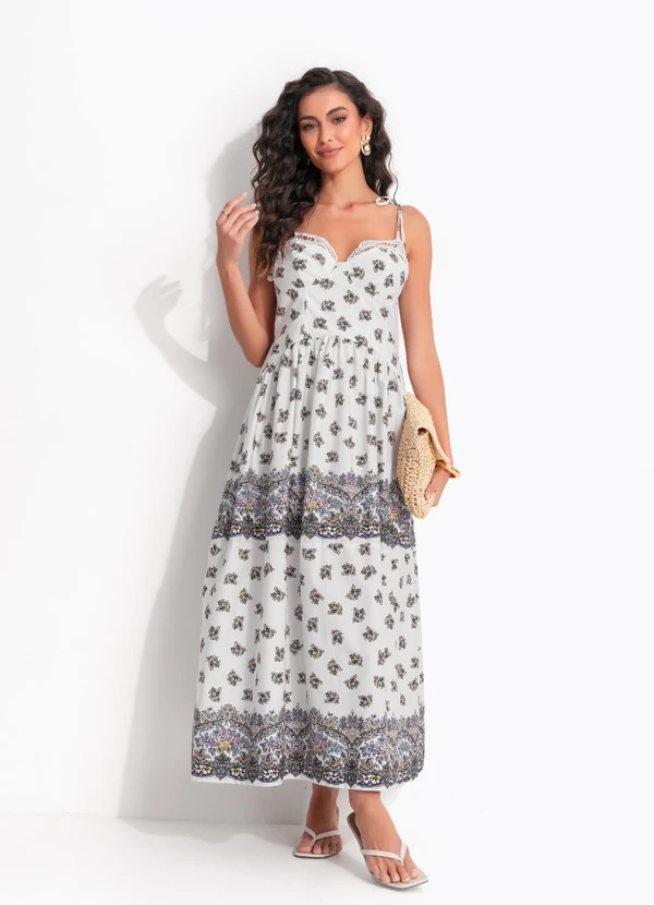 Farm - Vestido Longo Alças Rosa Rio Off White