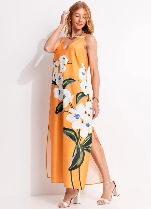 Farm - Vestido Longo Alcinha Buquê Laranja