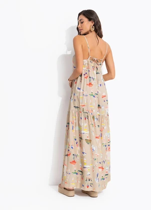 Cantão - Vestido Longo Alcinha Estampado Maitake Bege - CANTÃO