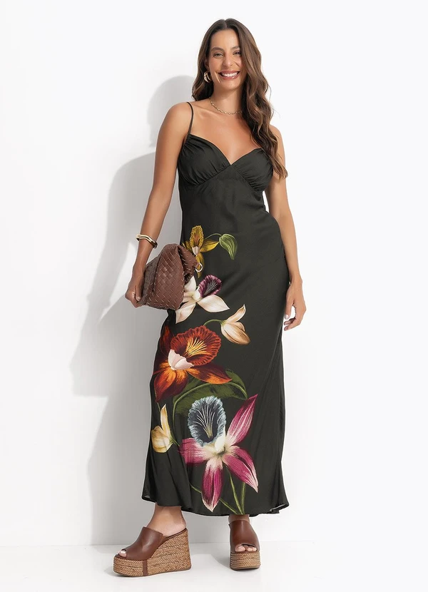 Farm - Vestido Longo Alcinha Maxi Orquídea Verde