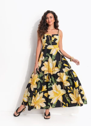 Farm - Vestido Longo Alcinhas Flor Nana Preto - FARM