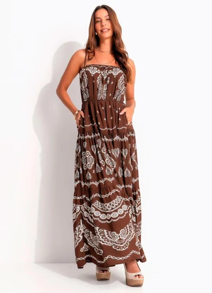 Farm - Vestido Longo Alcinhas Nicole Marrom - FARM