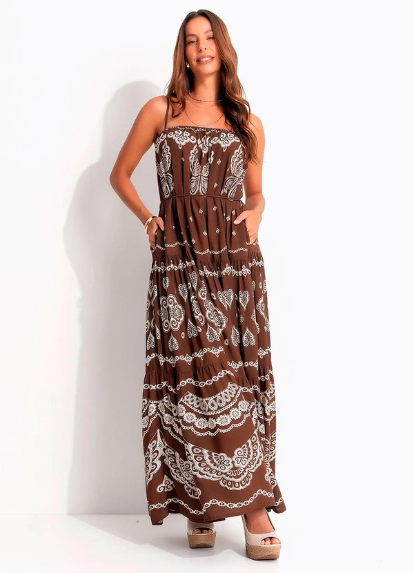 Farm - Vestido Longo Alcinhas Nicole Marrom