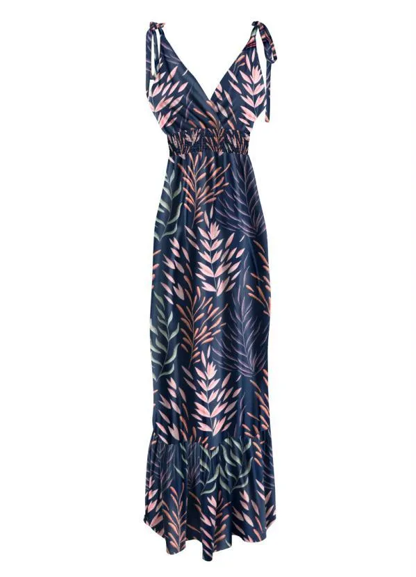 Quintess - Vestido Longo Estampa Algas com Alças Finas e Babado na Barra em Malha Fria 3