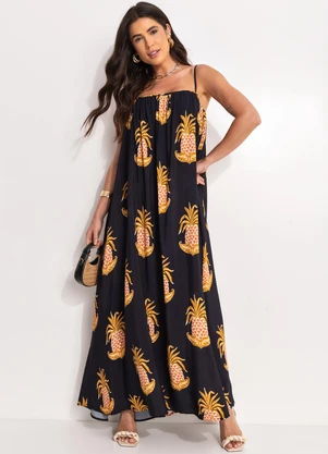Farm - Vestido Longo Amalfi Abacaxi Preto - FARM