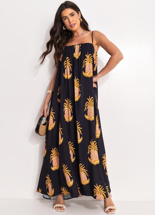 Farm - Vestido Longo Amalfi Abacaxi Preto