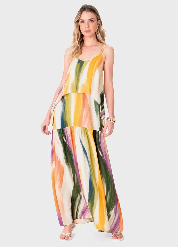 Enfim - Vestido Longo Amplo Abstrato em Viscose Verde 2