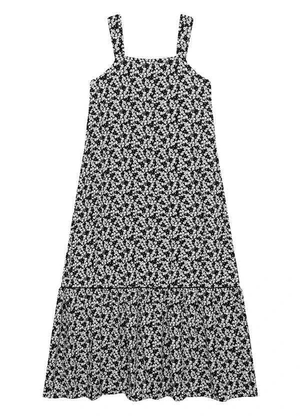 Malwee - Vestido Longo Amplo Floral Preto