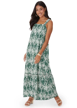 Malwee - Vestido Longo Amplo Folhagens Verde - MALWEE