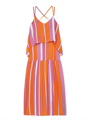 Enfim - Vestido Longo Amplo Listrado em Viscose Laranja - ENFIM