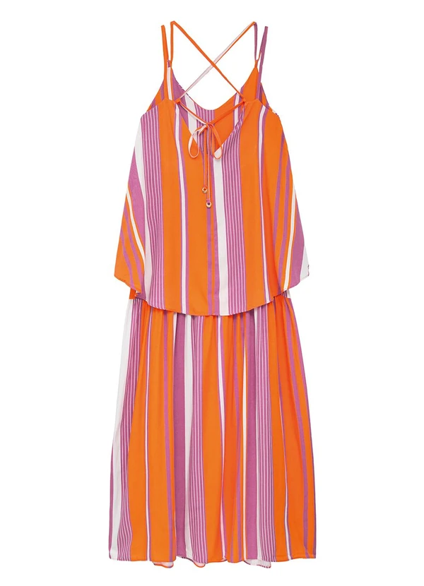 Enfim - Vestido Longo Amplo Listrado em Viscose Laranja 2
