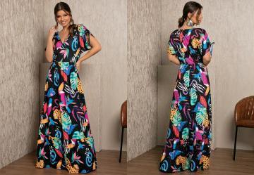 Vestido Longo Animais Fundo Preto com Amarra��es