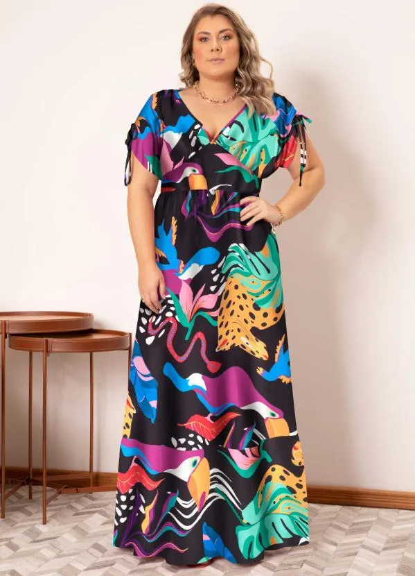 Quintess - Vestido Longo Animais Fundo Preto com Amarrações 3