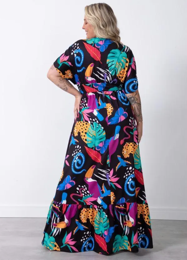 Quintess - Vestido Longo Animais Fundo Preto com Amarrações 5