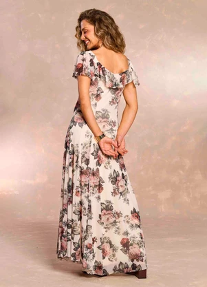 Doce Trama - Vestido Longo Aquarela Rose em Tule Estampado - DOCE TRAMA