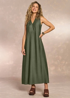 Doce Trama - Vestido Longo Aquarela Rose em Viscose Verde - DOCE TRAMA