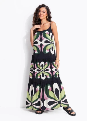 Farm - Vestido Longo Arara de Flor Preto - FARM