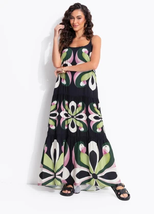 Farm - Vestido Longo Arara de Flor Preto - FARM