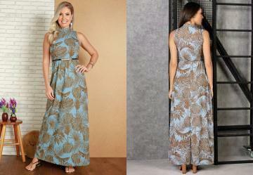 Vestido Longo Azul Folhagem com Gola Alta