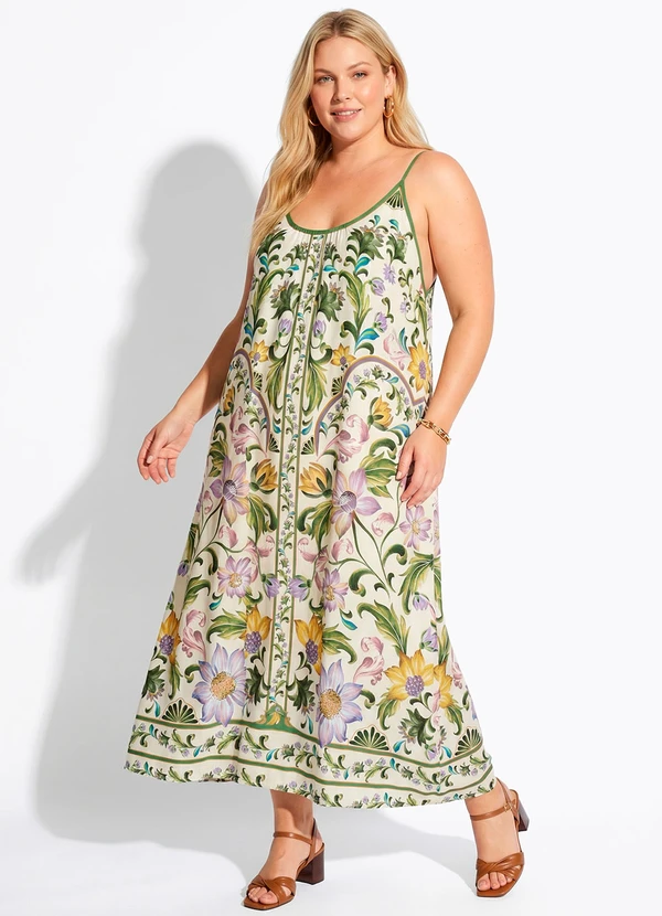 Farm - Vestido Longo Azulejaria Bege