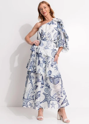 Farm - Vestido Longo Babados Mar de Ondas Bege - FARM