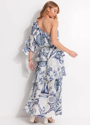 Farm - Vestido Longo Babados Mar de Ondas Bege - FARM