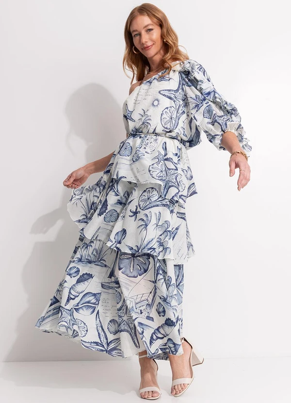 Farm - Vestido Longo Babados Mar de Ondas Bege 3